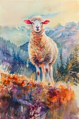 Hand drawn watercolor of a colorful charming sheep among scenic mountains, bright pastels, serene and vibrant - obrazy, fototapety, plakaty