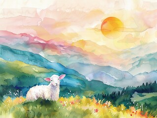 Bright pastel watercolor, adorable sheep in the summer mountains, serene, vibrant, hand drawn nature scene - obrazy, fototapety, plakaty