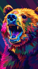 Explore a pixel art interpretation of a worms-eye view of a bear reacting to a giant bitcoin symbol Combine vibrant colors and sharp angles to convey the shock
