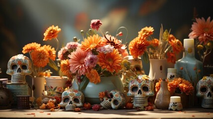 Obraz premium day of the dead background with floral ornaments and skulls for banners or posters