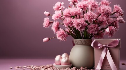 Fototapeta premium women's days concept with floral ornaments and pink background for 8 march women's day