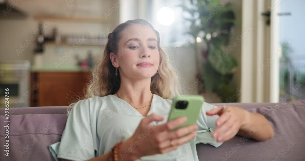 Poster relax, sofa and woman in home with smartphone for communication, networking and internet connection.