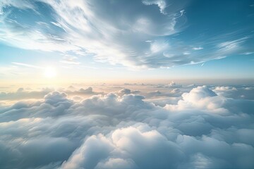 High white clouds: Majestic morning panoramic view from plane perspective