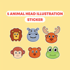 set icon head cute animal cartoon hippo,monkey,lion,frog,deer,bear head vector illustration. animal head sticker concept. flat style cute