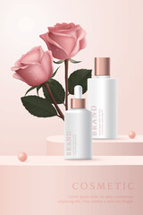 Cosmetic product ads template on pink background with rose and pearl.