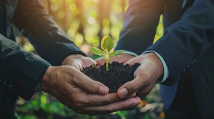 environment cooperation. unity of business people and community together protecting small sprout with hand. future environmental coservation and sustainable esg modernization development