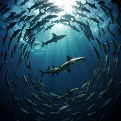 sharks in the ocean, School Of Fish.Sharks swim in a circle stock photo