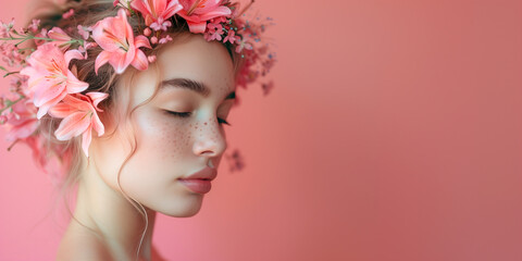 A woman with a pink flower headdress and a pink background