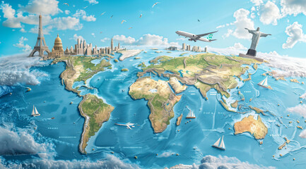 A world map depicts famous landmarks from around the globe