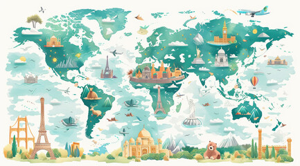 A world map depicts famous landmarks from around the globe
