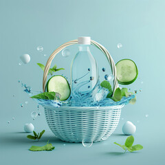 A floating basket filled with hydration essentials—reusable water bottle, cucumber, and mint leaves—against a refreshing light blue background in clay 3D style.
 - obrazy, fototapety, plakaty