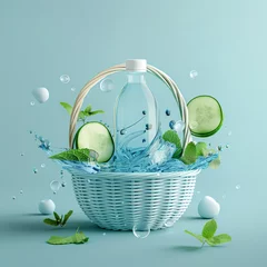 Fotobehang A floating basket filled with hydration essentials—reusable water bottle, cucumber, and mint leaves—against a refreshing light blue background in clay 3D style.  © Aleksandra