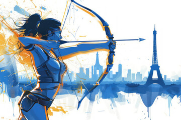 Blue watercolor painting of an archery woman by eiffel tower olympic