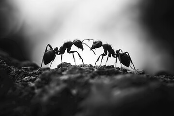 Ants interacting on rocky surface. Black and white macro photography. Wildlife and nature concept...