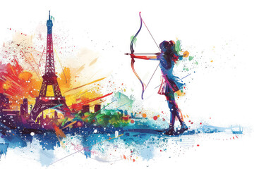 Colorful watercolor painting of an archery woman by eiffel tower olympic