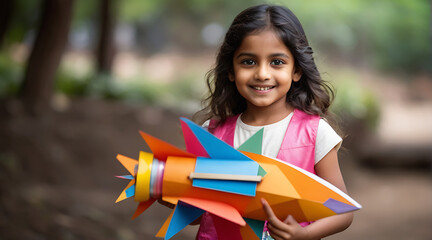 Closeup of Creative happy Indian child girl holding a space rocket made of colorful paper with copyspace, kid creativity and science concept image, holding