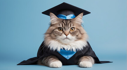 A Fluffy funny cat wearing a graduate regalia or convocation costume black hat on blue background with copy space, plain background, 