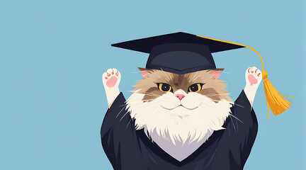A Fluffy funny cat wearing a graduate regalia or convocation costume black hat on blue background with copy space, plain background, farewell