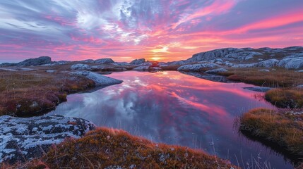 Thawing Canadian Tundra: Small Lakes Reflecting Vivid Sunset in Arctic Landscape