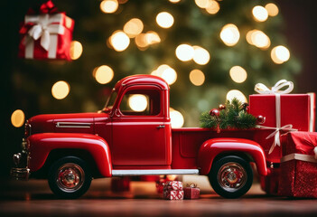 red festive truck vintage gifts christmas celebration holiday snow winter delivery gift pine present transport tree eve snowfall snowflake snowing