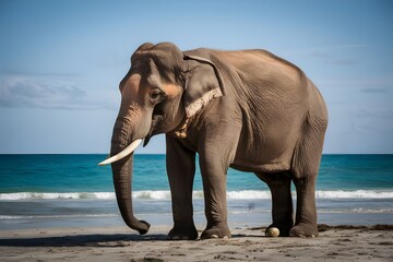 Fototapeta na wymiar elephant walks on a beach at sunset Generative Ai