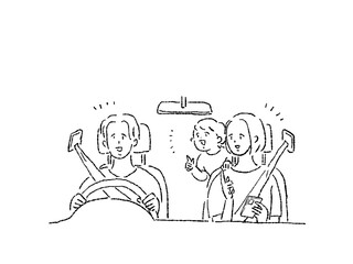 車を運転する男性と、助手席に座りスマホを持った女性、後部座席席から顔を出す子供、家族、夫婦、線画
