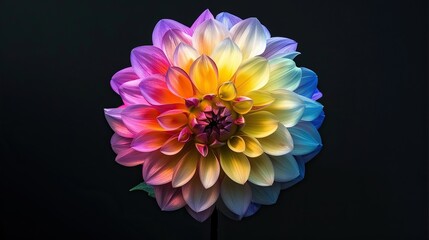 A close-up image of a dahlia flower in full bloom against a black background.

