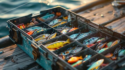 Close-up of a tackle box open on a dock, filled with an assortment of fishing lures and baits, ready for a day of fishing - obrazy, fototapety, plakaty