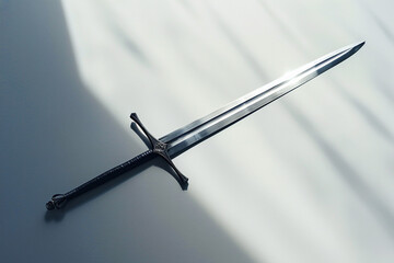 A sharp-edged sword casting a shadow on a pure white surface.