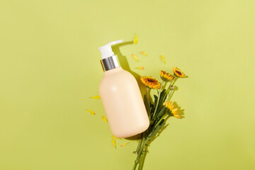 Concept of organic ingredient in cosmetic with Calendula flowers displayed with a pump bottle...