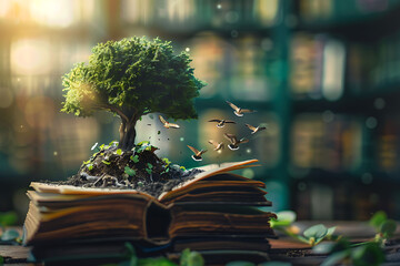 The concept of education by planting knowledge trees and birds flying to the future to open old...