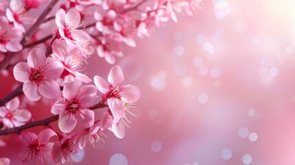 Beautiful pink cherry blossom branch on a tree under the pink background, beautiful sakura flowers in the spring season in the park, flora pattern texture, natural floral background.