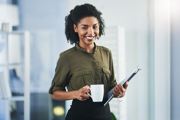 Coffee, documents and portrait of business black woman in office for planning, project research and notes. Creative company, insurance and happy worker with paperwork for career, working and job