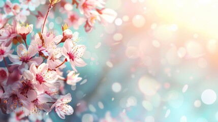 Selective focus of beautiful pink cherry blossom branches on tree under blue sky, beautiful sakura flowers in spring season in park, flora pattern texture, natural floral background.
