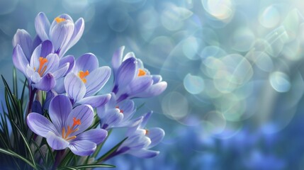Spring season. Beautiful flowers, Crocus vernus, Crocus, Iris family on a blue gradient background with space for text