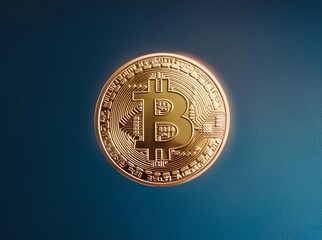3d render. shiny gold bitcoin floating in the air. glowing single golden btc coin with blue background. ai generative.