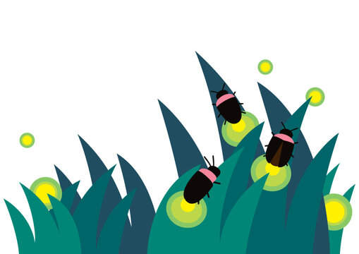 デフォルメされた蛍が草の上で光っているベクターイラスト