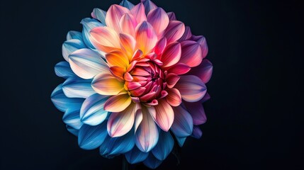 A close-up image of a dahlia flower in full bloom against a black background.

