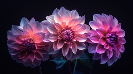 The image shows three dahlia flowers. The flowers are purple, pink, and white.

