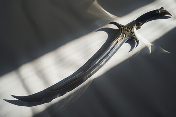 A shining sabre with a curved blade, casting a shadow on a white surface.