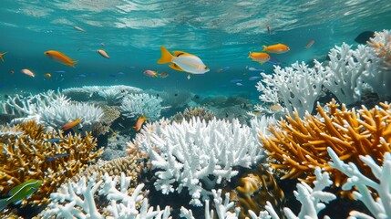 Obraz premium Bleached Coral Reef: Dying Fish Swim Aimlessly in Once Vibrant Underwater World - Environmental Destruction and Marine Life Loss Concept