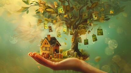 The image shows a hand holding a small house with a tree with money growing on it.

