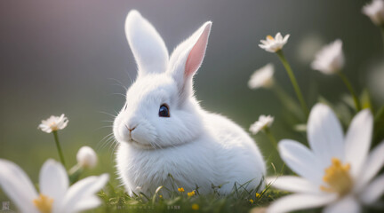 white rabbit in the grass with flower