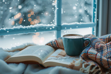 Cozy home still life: cup of hot coffee and opened book with warm plaid on windowsill against snow...