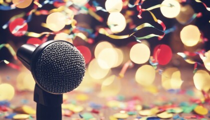 'Microphone Studio confetti Celebratory Close-up Table. Microphone. celebration party music singing recording podcast interview sound voice broadcast media condenser foam tab' - obrazy, fototapety, plakaty