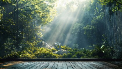 The wooden floor in the middle of the jungle with green plants and trees all around and sun light shining through the leaves.
