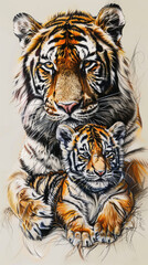 mother and baby caspian tiger, tattoo design
