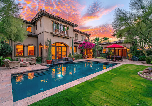 Beautiful home in Arizona with a large backyard, pool and sunset. The house has an exterior color of light brown and features a roof made from wood shingles and red accents on the windows.