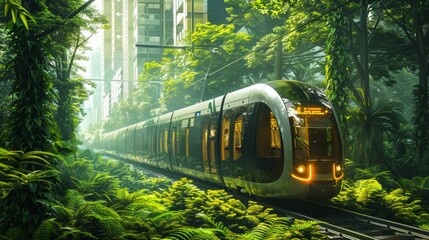 The train is running through the forest.