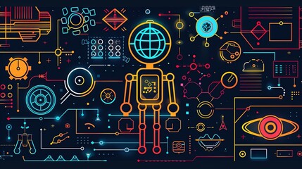 Obraz premium Robots with glowing elements on a vibrant circuit board backdrop.